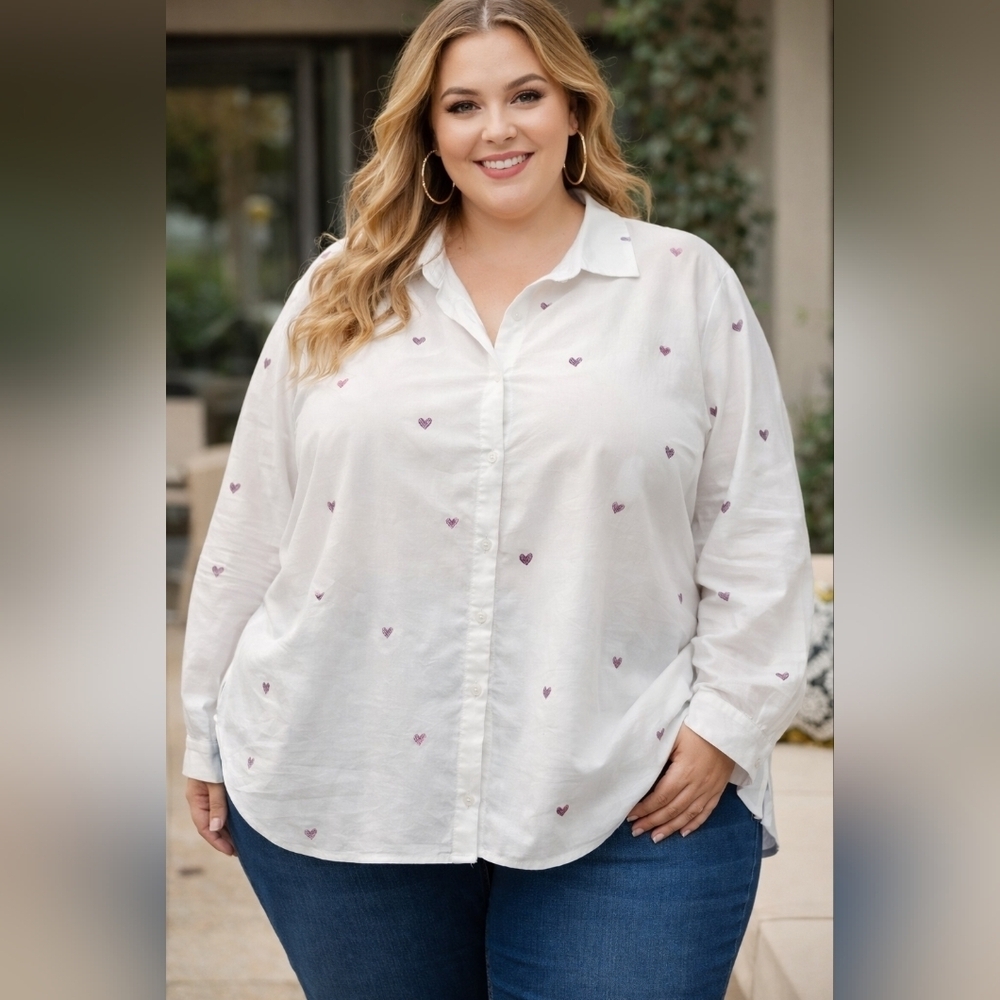 Tamara H White Heart Print Women's Top Size 3X 100% Cotton